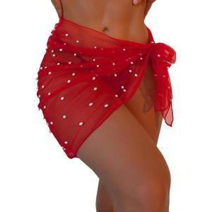 imageFloerns Womens Sheer Beach Swimwear Cover Up Wrap Mini SkirtRed