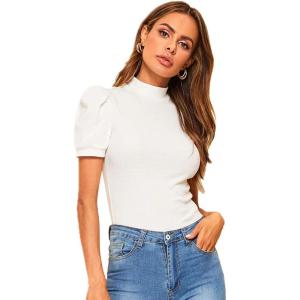 imageFloerns Womens Solid Tee Mock Neck Short Puff Sleeve Tops BlouseA White