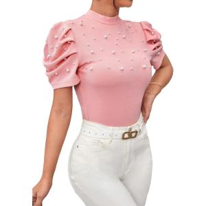 imageFloerns Womens Solid Tee Mock Neck Short Puff Sleeve Tops BlouseLight Pink