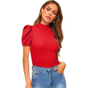 imageFloerns Womens Solid Tee Mock Neck Short Puff Sleeve Tops BlouseRed