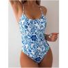 imageFloerns Womens Floral One Piece Swimsuit Tummy Control Scoop Neck Drawstring Monokini Bathing Suit SwimwearBlue Plant