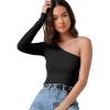 imageFloerns Womens Causal One Shoulder Long Sleeve Rib Knit TShirts Tee TopsA Black