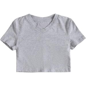 imageFloerns Girls Casual V Neck Short Sleeve Solid Crop Tops Tee ShirtsLight Grey