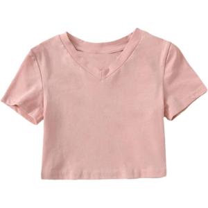 imageFloerns Girls Casual V Neck Short Sleeve Solid Crop Tops Tee ShirtsPlain Pink