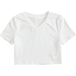 imageFloerns Girls Casual V Neck Short Sleeve Solid Crop Tops Tee ShirtsPlain White