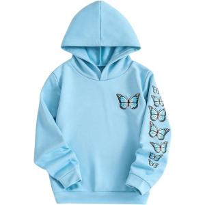 imageFloerns Girls Heart Graphic Print Long Sleeve Hooded Sweatshirt Pullover TopsBlue Butterfly