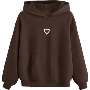 imageFloerns Girls Heart Graphic Print Long Sleeve Hooded Sweatshirt Pullover TopsDeep Brown