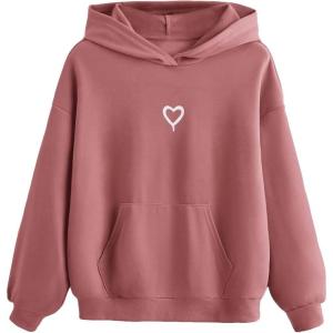 imageFloerns Girls Heart Graphic Print Long Sleeve Hooded Sweatshirt Pullover TopsDusty Pink