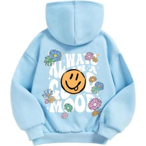 imageFloerns Girls Heart Graphic Print Long Sleeve Hooded Sweatshirt Pullover TopsLight Blue Slogan