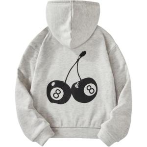 imageFloerns Girls Heart Graphic Print Long Sleeve Hooded Sweatshirt Pullover TopsLight Grey Cherry
