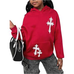 imageFloerns Girls Heart Graphic Print Long Sleeve Hooded Sweatshirt Pullover TopsRed Graphic