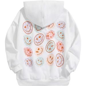 imageFloerns Girls Heart Graphic Print Long Sleeve Hooded Sweatshirt Pullover TopsWhite Smile