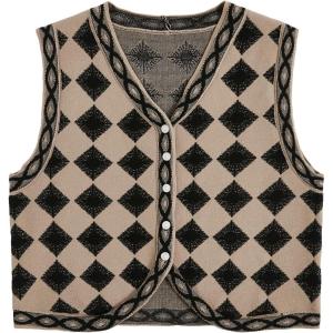 imageFloerns Womens Argyle V Neck Button Front Cardigan Sleeveless Knit Sweater VestBeige