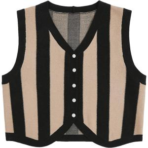 imageFloerns Womens Argyle V Neck Button Front Cardigan Sleeveless Knit Sweater VestBlack Striped