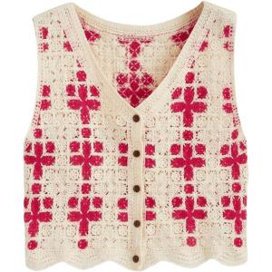 imageFloerns Womens Argyle V Neck Button Front Cardigan Sleeveless Knit Sweater VestHot Pink