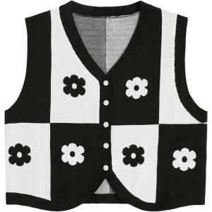 imageFloerns Womens Argyle V Neck Button Front Cardigan Sleeveless Knit Sweater VestMulti Flower