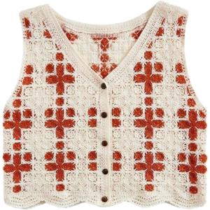 imageFloerns Womens Argyle V Neck Button Front Cardigan Sleeveless Knit Sweater VestOrange