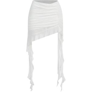 imageFloerns Womens Asymmetrical Side Ruched Ruffle Trim Low Waist Mini SkirtA White