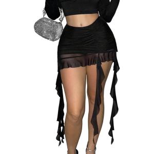 imageFloerns Womens Asymmetrical Side Ruched Ruffle Trim Low Waist Mini SkirtBlack