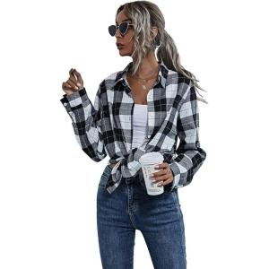 imageFloerns Womens Casual Long Sleeve Button Down Plaid Shirt Blouse TopBlack and White