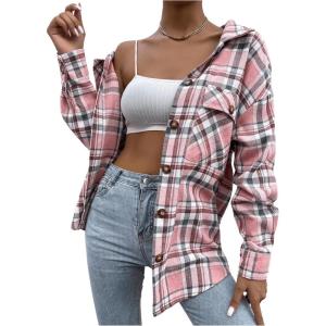 imageFloerns Womens Casual Long Sleeve Button Down Plaid Shirt Blouse TopPink Multi