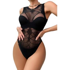 imageFloerns Womens Cut Out Fishnet Teddy Lingerie Mesh One Piece BodysuitBlack Crewneck