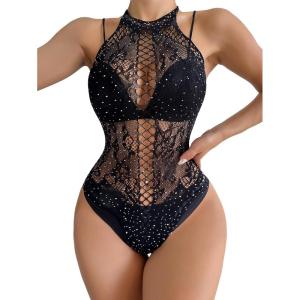 imageFloerns Womens Cut Out Fishnet Teddy Lingerie Mesh One Piece BodysuitBlack Dull