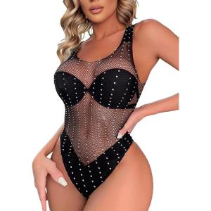 imageFloerns Womens Cut Out Fishnet Teddy Lingerie Mesh One Piece BodysuitBlack Hollow Out