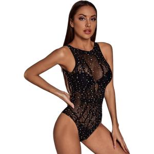 imageFloerns Womens Cut Out Fishnet Teddy Lingerie Mesh One Piece BodysuitBlack Oil