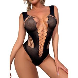 imageFloerns Womens Cut Out Fishnet Teddy Lingerie Mesh One Piece BodysuitBlack Solid
