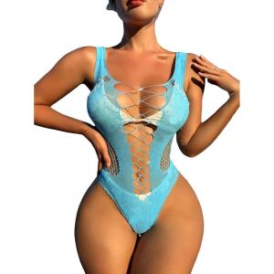imageFloerns Womens Cut Out Fishnet Teddy Lingerie Mesh One Piece BodysuitBlue