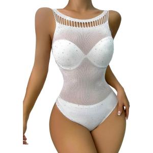 imageFloerns Womens Cut Out Fishnet Teddy Lingerie Mesh One Piece BodysuitWhite Solid