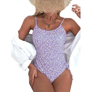 imageFloerns Womens Floral One Piece Swimsuit Tummy Control Scoop Neck Drawstring Monokini Bathing Suit SwimwearMauve Purple