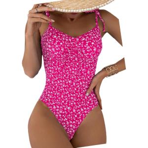 imageFloerns Womens Floral One Piece Swimsuit Tummy Control Scoop Neck Drawstring Monokini Bathing Suit SwimwearPink Ditsy Floral