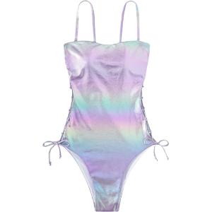 imageFloerns Womens Floral One Piece Swimsuit Tummy Control Scoop Neck Drawstring Monokini Bathing Suit SwimwearPurple Ombre