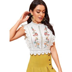imageFloerns Womens Mock Neck Guipure Lace Trim Embroidery Blouse TopsA White