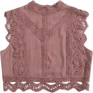imageFloerns Womens Mock Neck Guipure Lace Trim Embroidery Blouse TopsDusty Pink