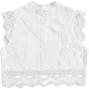 imageFloerns Womens Mock Neck Guipure Lace Trim Embroidery Blouse TopsWhite Plain