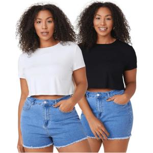 imageFloerns Womens Plus Size 2 Pcs Basic Short Sleeve Solid Crop Tops Tee ShirtsBlack and White