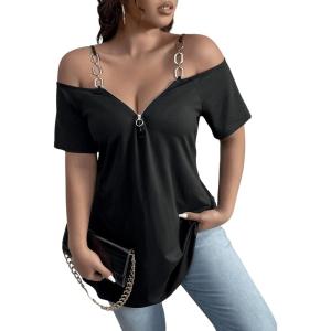 imageFloerns Womens Plus Size Cold Shoulder Chain Detail Zip Up Casual Tee ShirtBlack