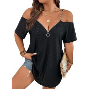 imageFloerns Womens Plus Size Cold Shoulder Chain Detail Zip Up Casual Tee ShirtBlack Ink