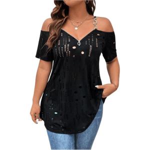 imageFloerns Womens Plus Size Cold Shoulder Chain Detail Zip Up Casual Tee ShirtBlack Jade