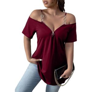 imageFloerns Womens Plus Size Cold Shoulder Chain Detail Zip Up Casual Tee ShirtBurgundy