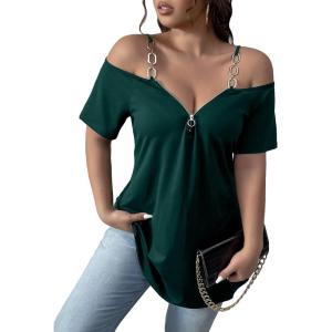 imageFloerns Womens Plus Size Cold Shoulder Chain Detail Zip Up Casual Tee ShirtDark Green