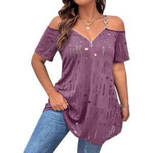 imageFloerns Womens Plus Size Cold Shoulder Chain Detail Zip Up Casual Tee ShirtPurple
