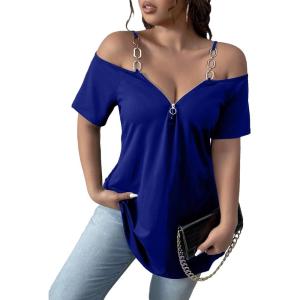 imageFloerns Womens Plus Size Cold Shoulder Chain Detail Zip Up Casual Tee ShirtRoyal Blue