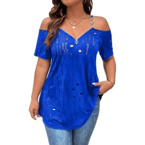 imageFloerns Womens Plus Size Cold Shoulder Chain Detail Zip Up Casual Tee ShirtRoyal Blue Solid