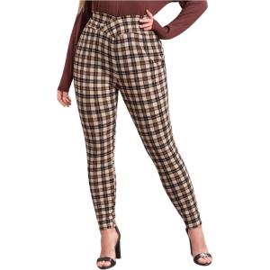 imageFloerns Womens Plus Size Plaid Pants Leggings Stretchy Elastic Waist Work Skinny PantsA Brown Multi