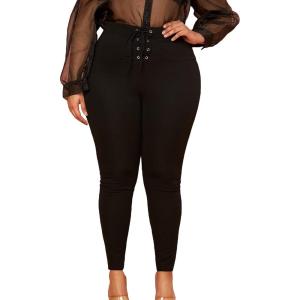 imageFloerns Womens Plus Size Plaid Pants Leggings Stretchy Elastic Waist Work Skinny PantsBlack Solid