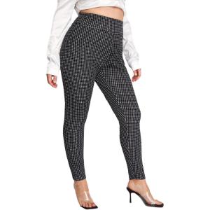 imageFloerns Womens Plus Size Plaid Pants Leggings Stretchy Elastic Waist Work Skinny PantsBlack White Plaid